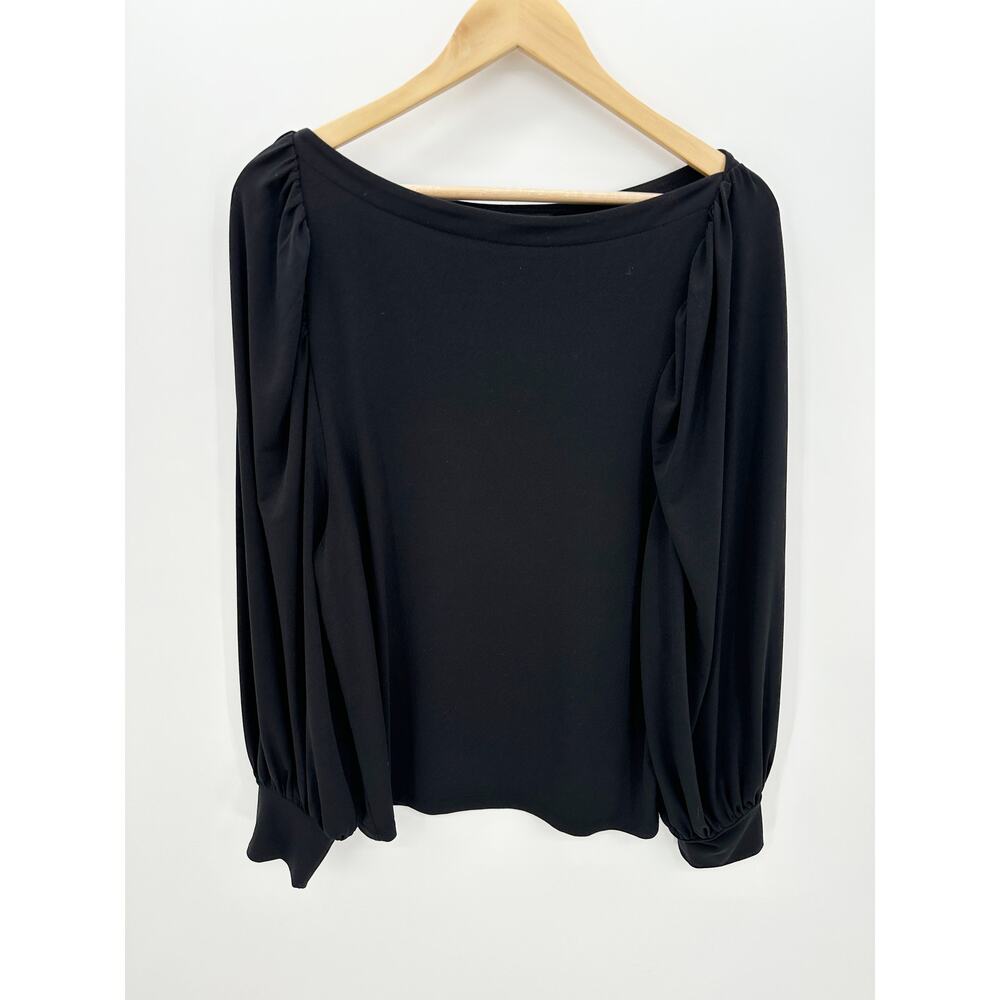 Ann Taylor Blouse Women Large Black Round Neck Puff Long Sleeve Stretch Career